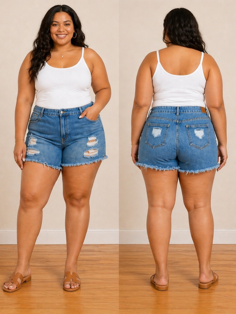 High-Rise Distressed Denim Shorts - Blue